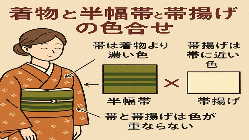 着物と半幅帯と帯揚げの色合わせ